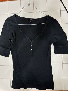 Express Black Ribbed V-Neck Henley Top with Button Placket